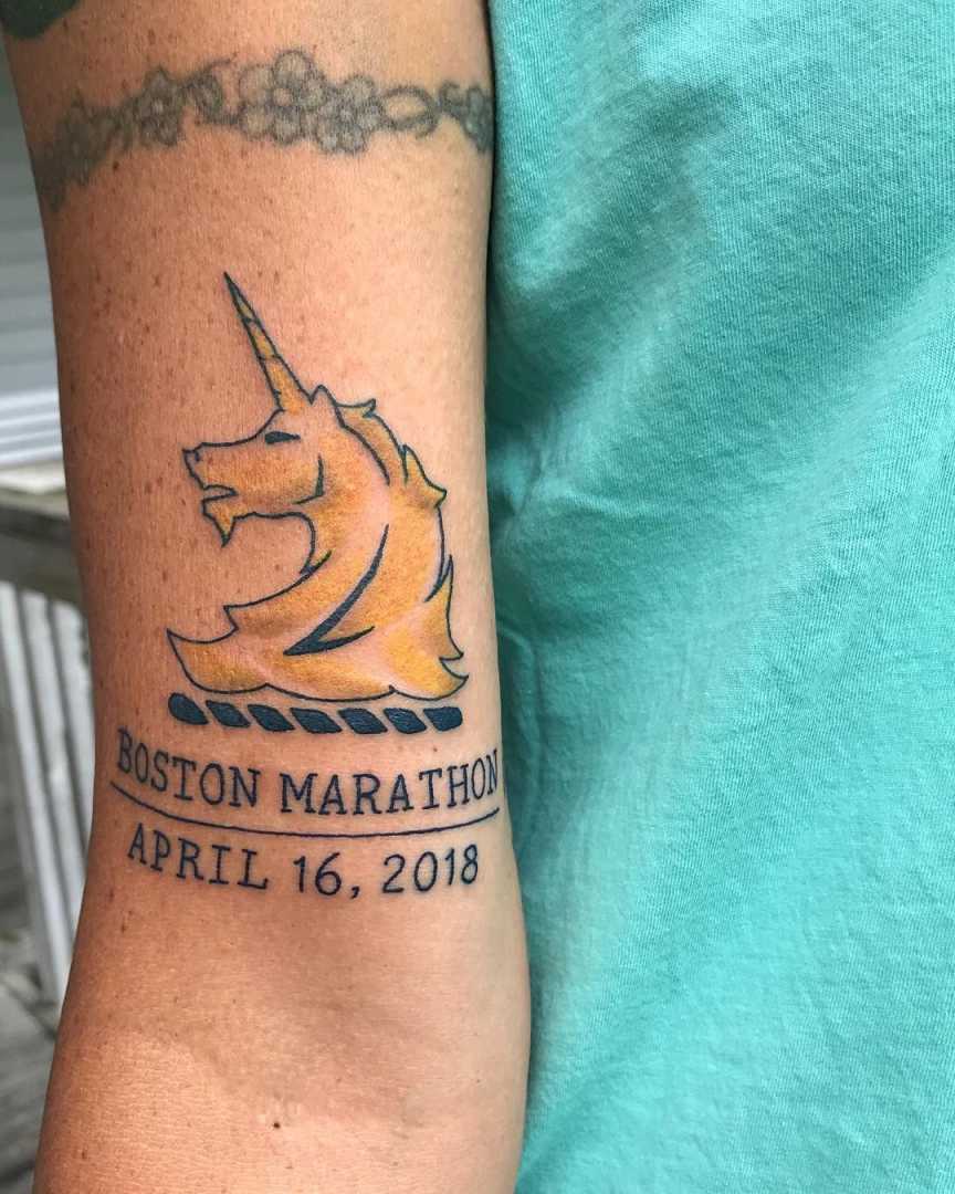Boston Marathon tattoo for Kelly with blue ink and gold shading