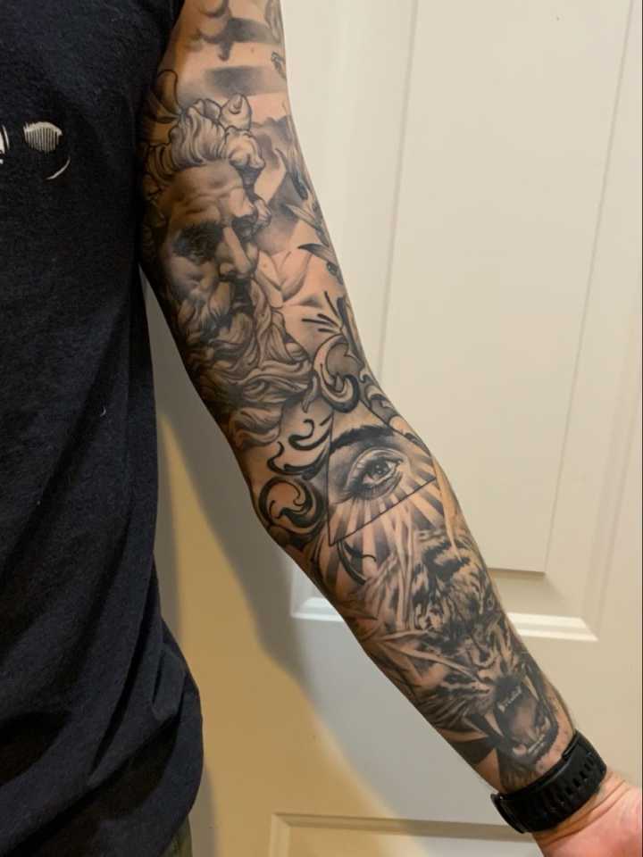 Black and Gray Sleeve  Hand tattoos for guys, Forearm sleeve