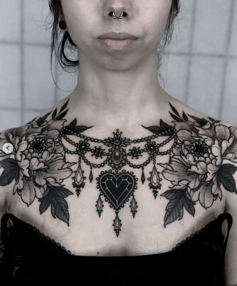 Blackwork Ornamental Chest Tattoo  Chest tattoos for women, Chest