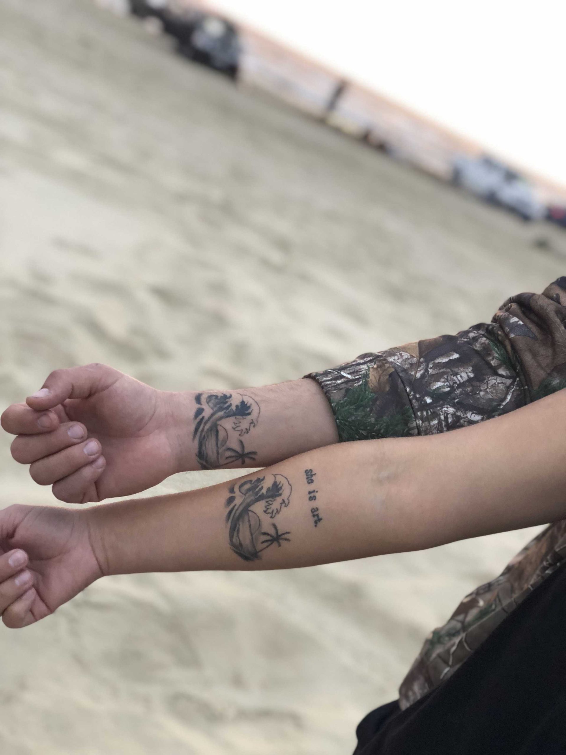 Couples beach tattoo  Beach tattoo, Tree sleeve tattoo, Scene tattoo