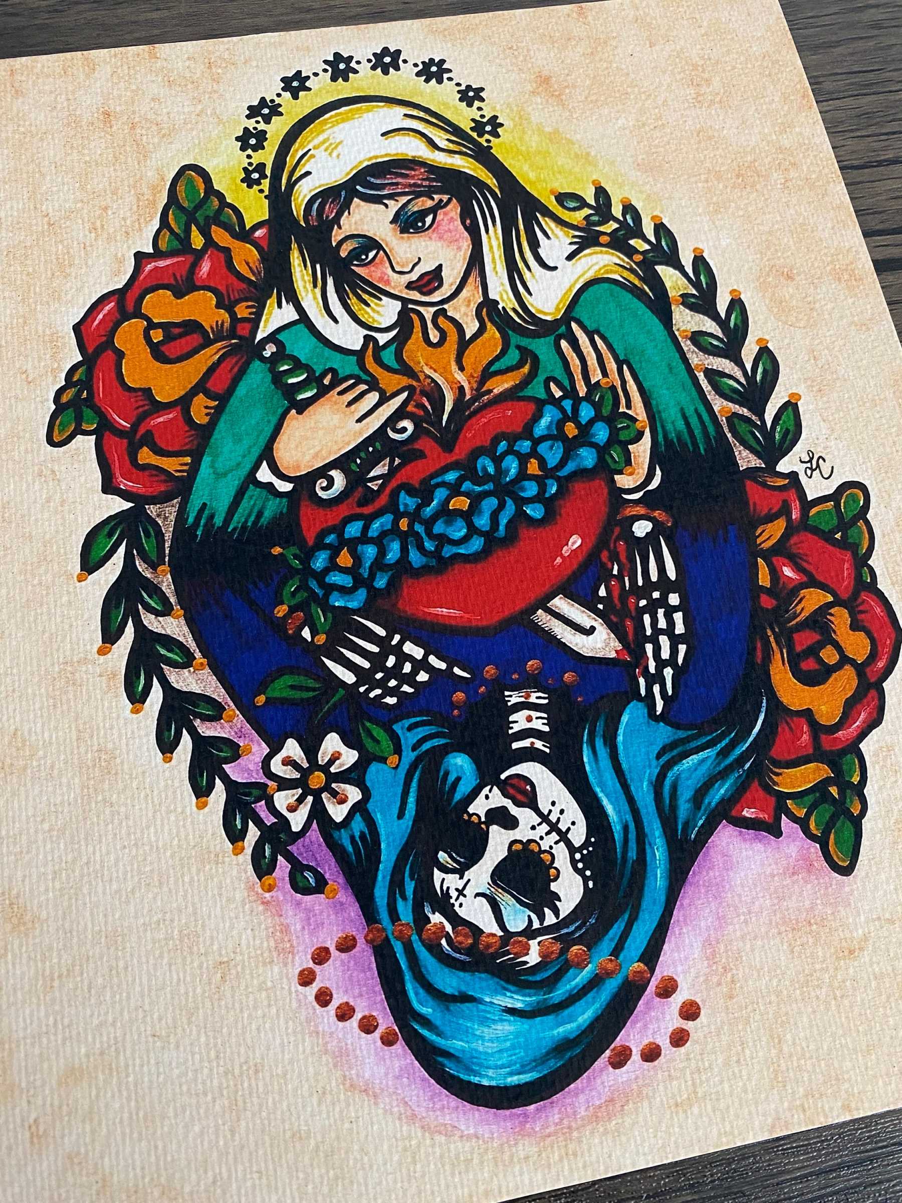 Day of the Dead VIRGIN MARY Old School Tattoo Art Print  x