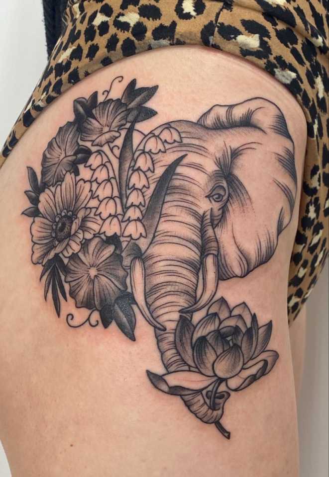 Elephant Tattoo  Flower thigh tattoos, Hip thigh tattoos, Hip tattoo