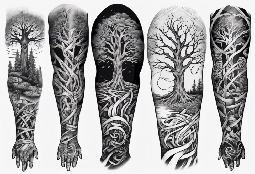 Full arm sleeve irish tattoo with scary tree tattoo idea  TattoosAI