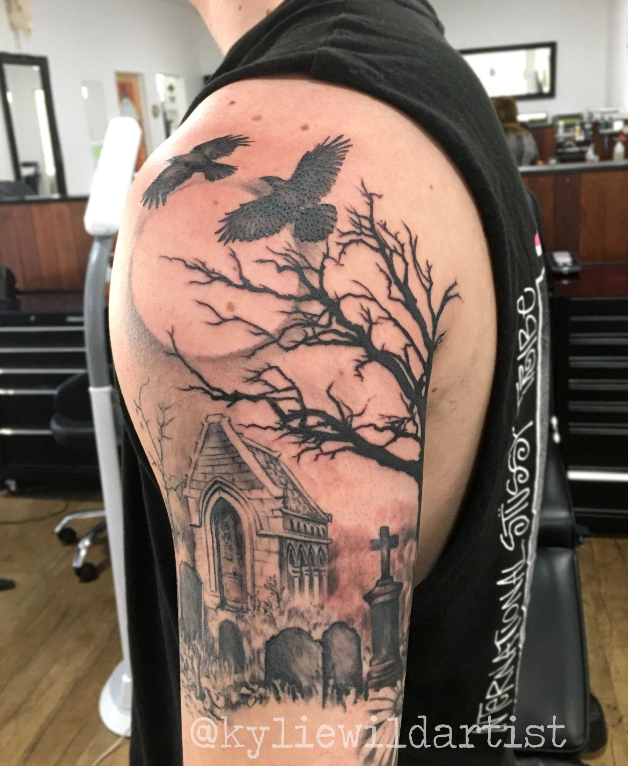 Graveyard, tree, crows, moon, tombstones, tattoo sleeve in