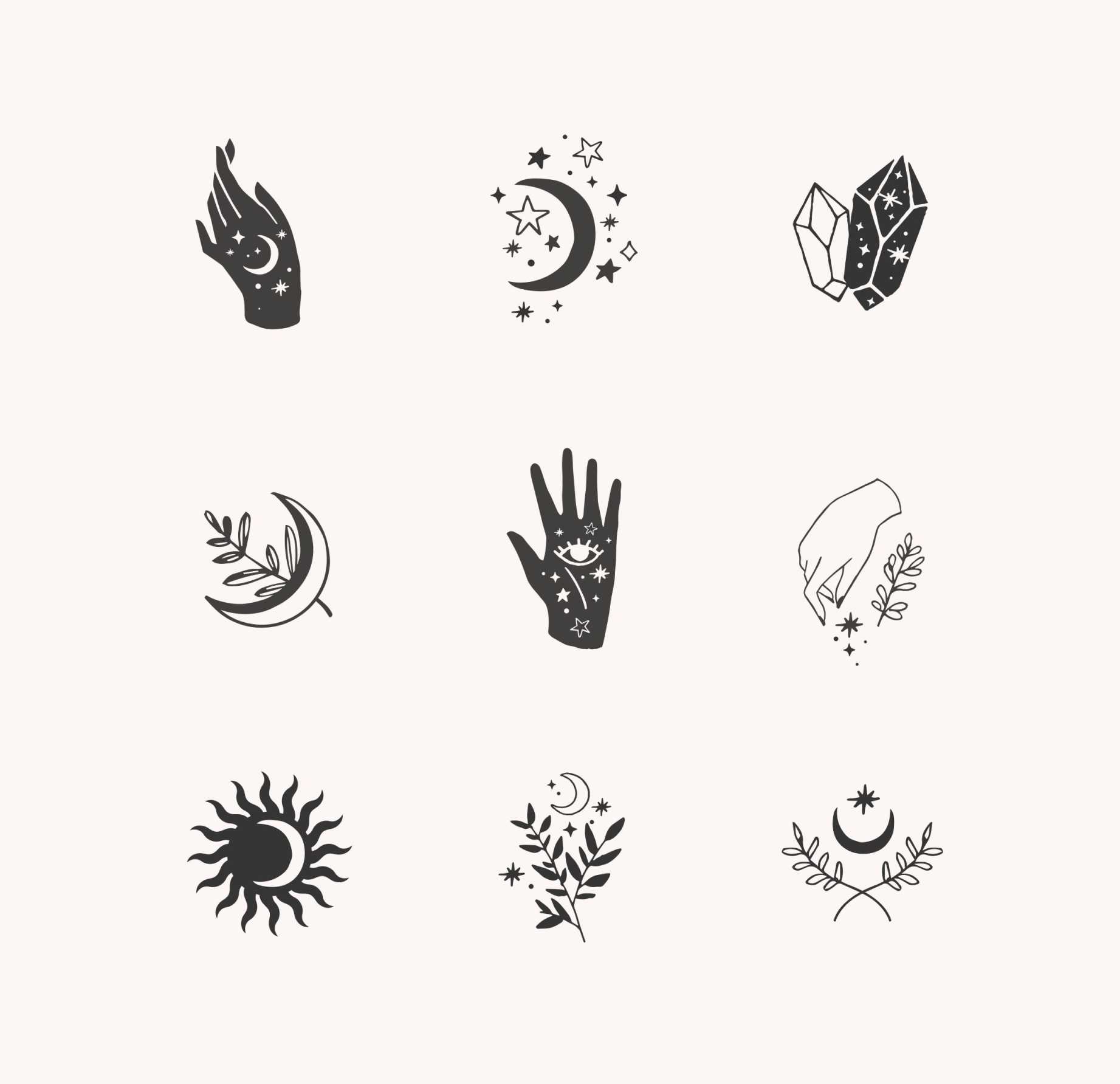 Hand Drawn Celestial Boho Witch Icon Set,  Third eye tattoos