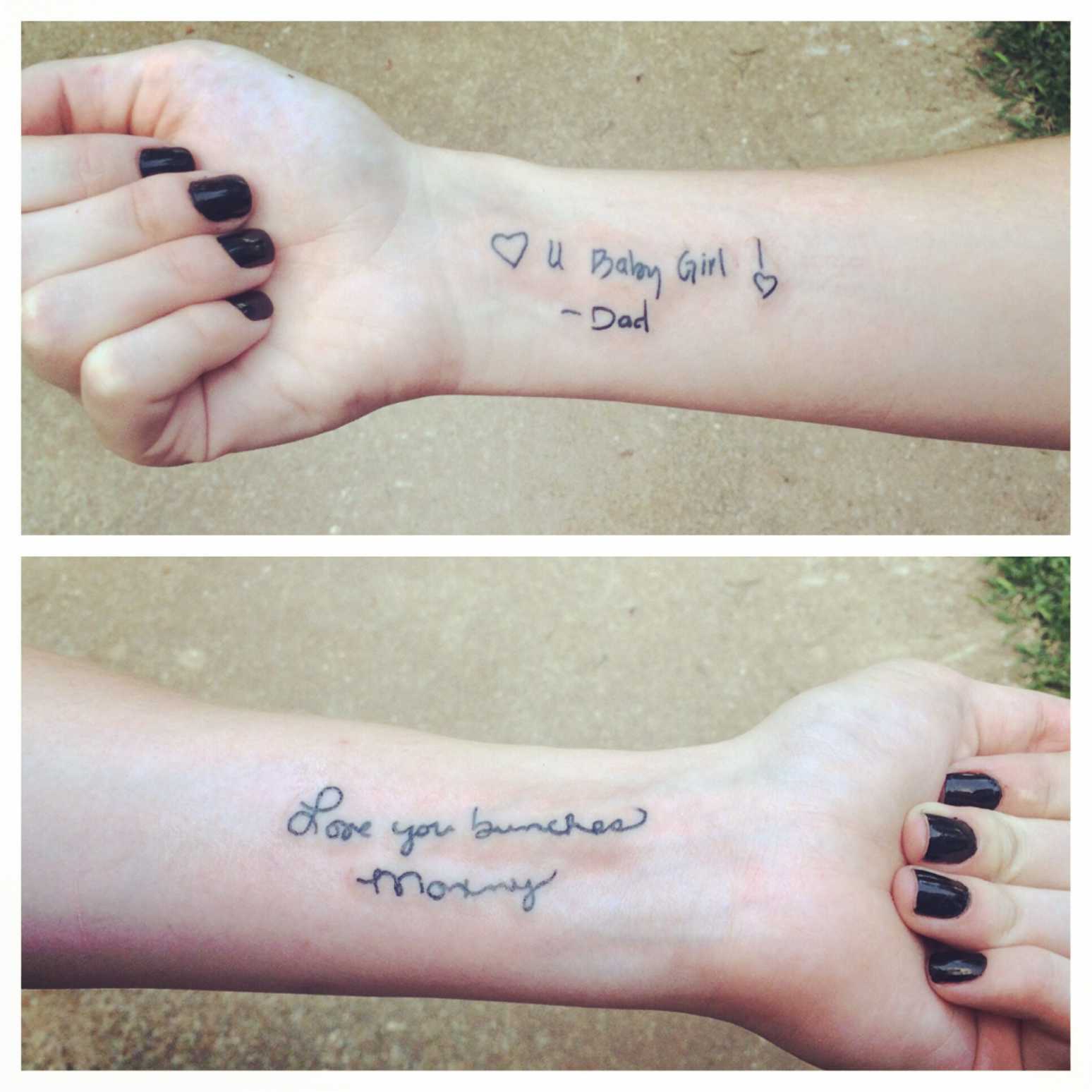 Parents handwriting from cards tattooed on my wrist! Done by David