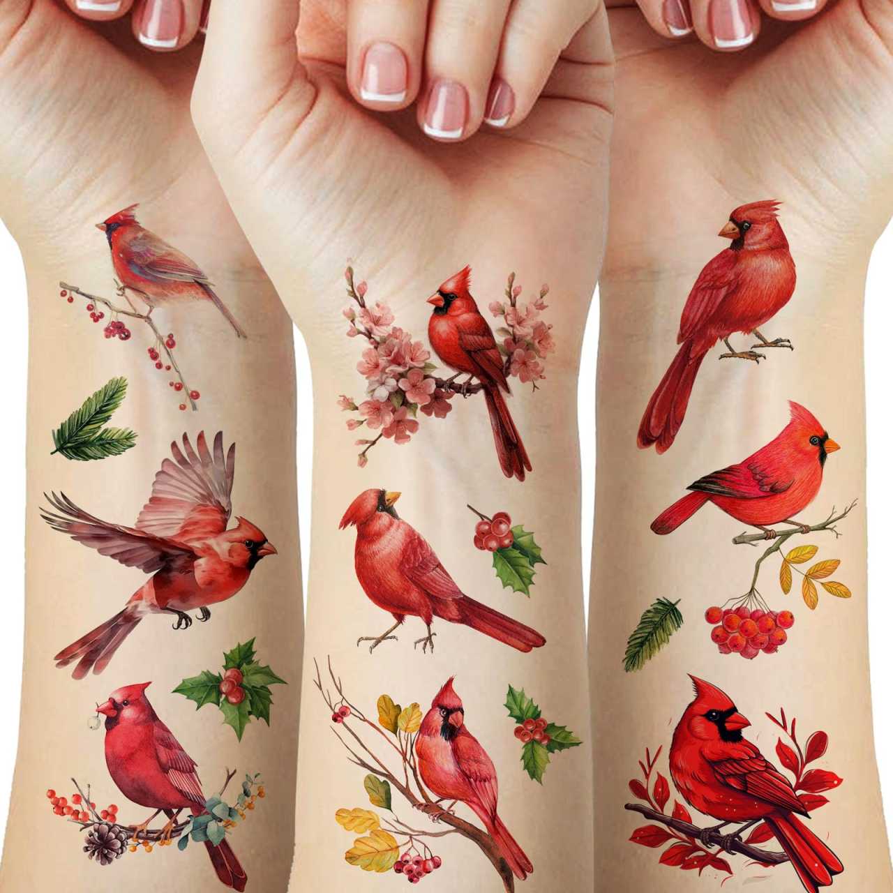Pieces Red Cardinals Birds Temporary Tattoo Stickers for Women Girl,  Fake Tattoos Face Hand Neck Wrist Arm Leg Body Art Party Favors for Kids  Adult