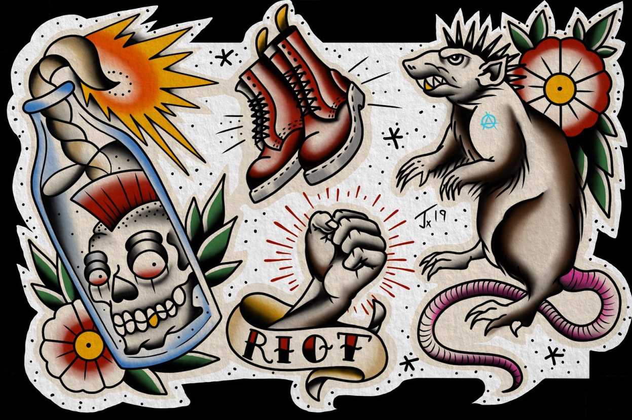 Punkrock flashsheet  Punk tattoo, Old school tattoo designs