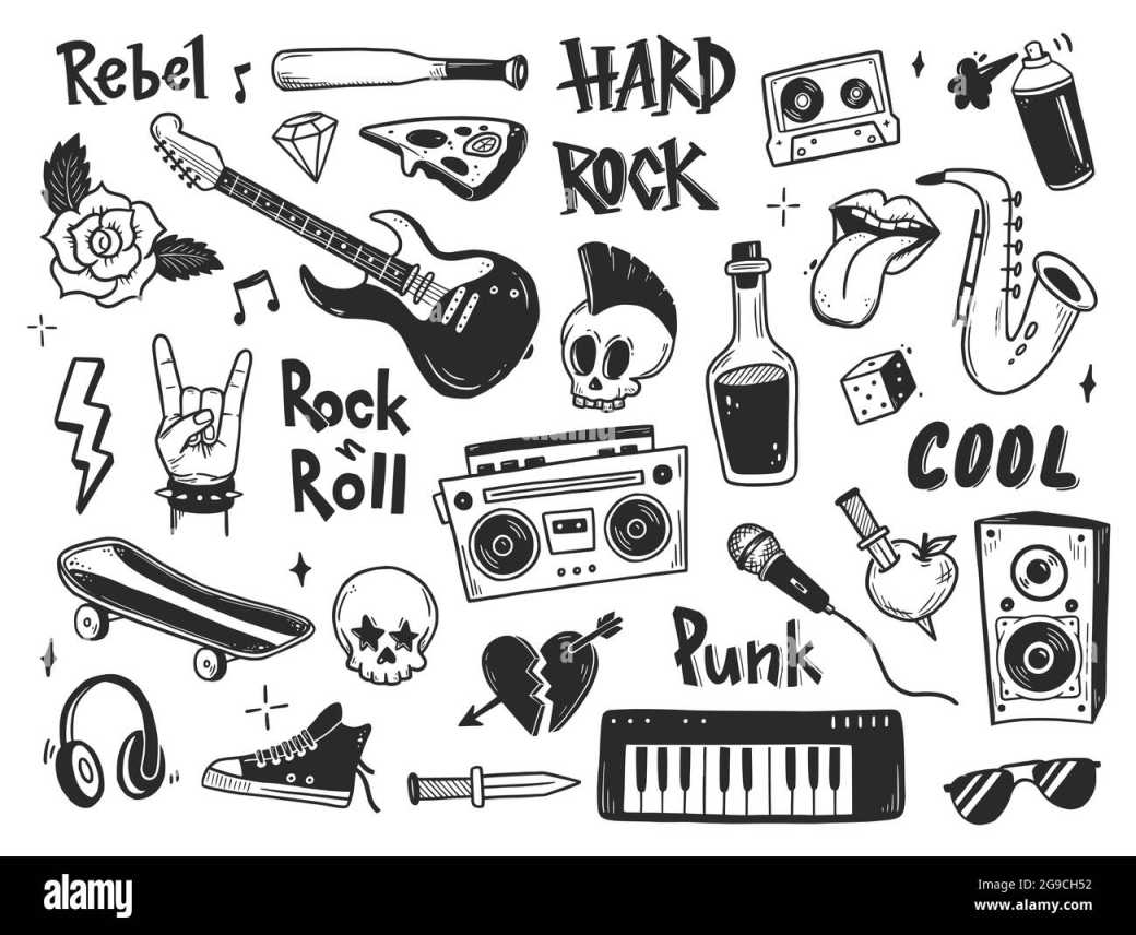 Rock n roll, punk music doodle set