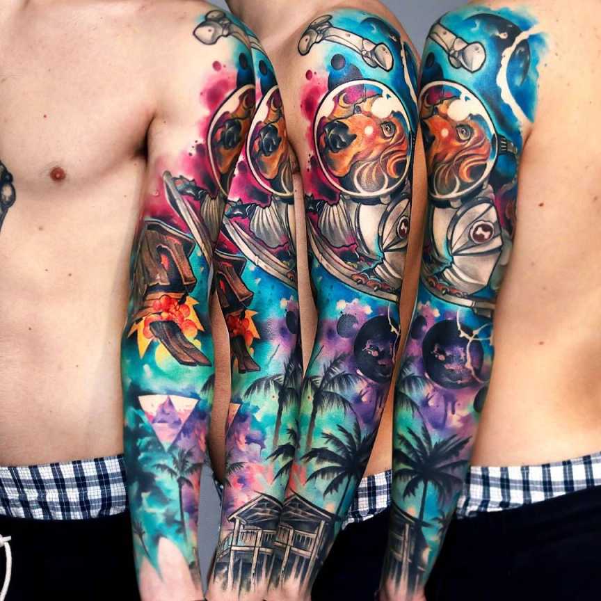 Tattoo artist Uncl Paul Knows color new school tattoo in authors