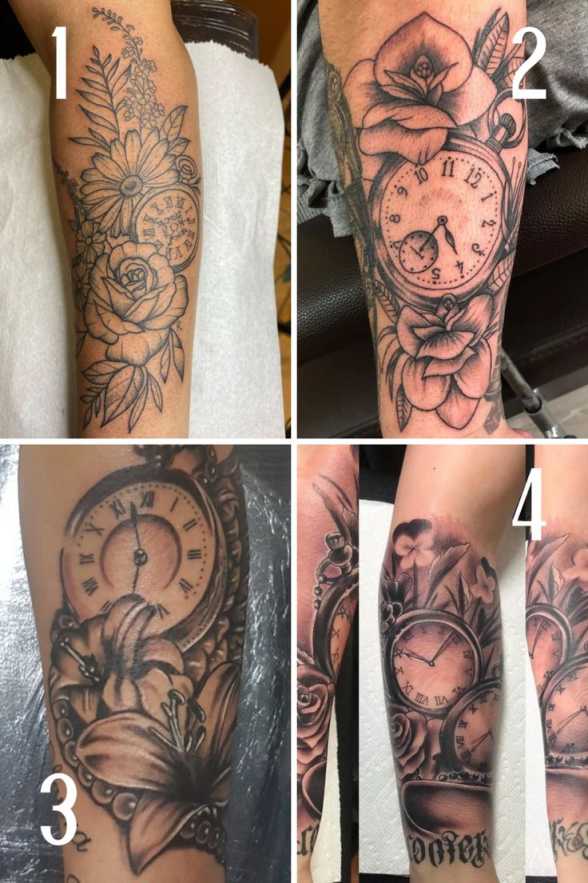 Timeless Flower and Clock Tattoo Ideas - TattooGlee  Clock
