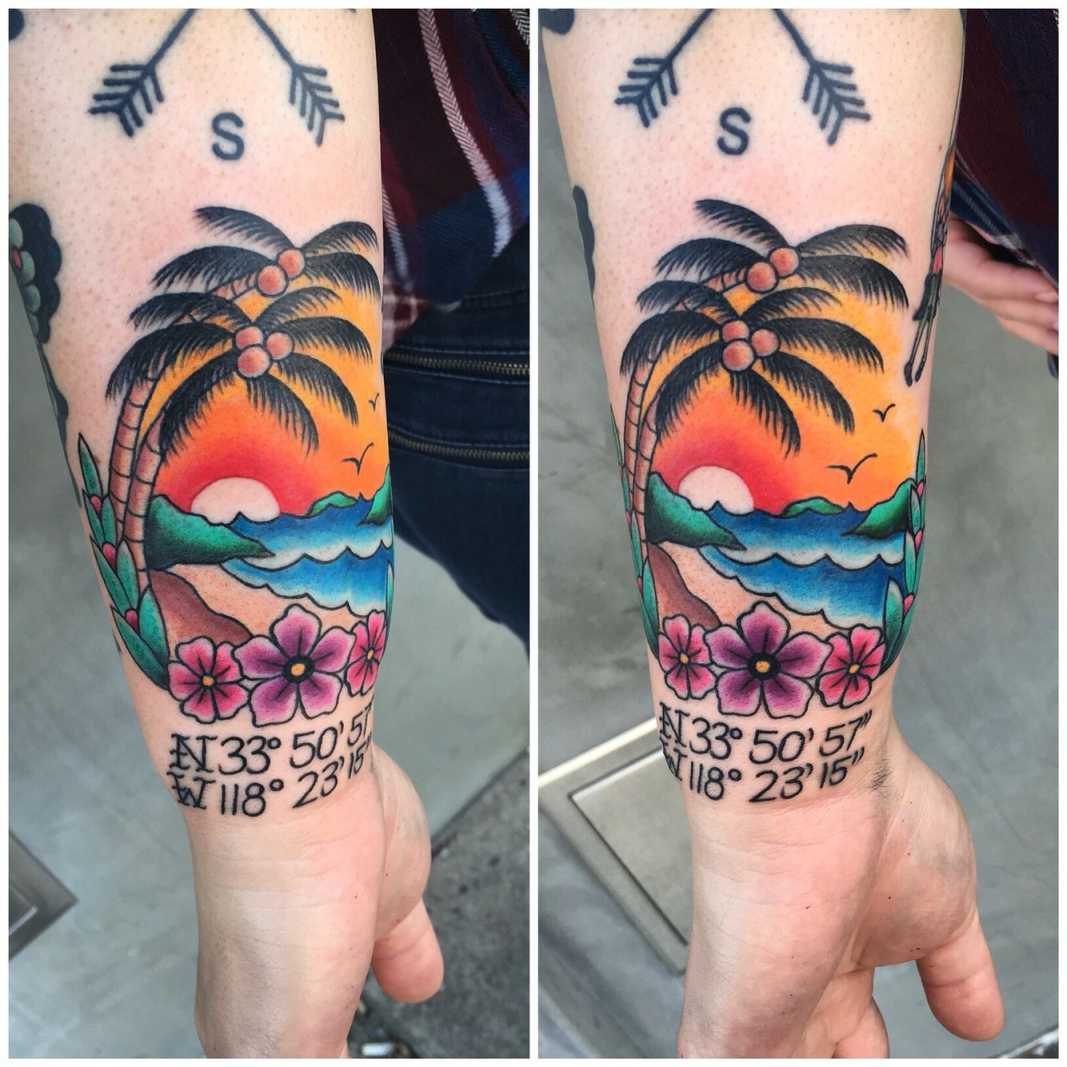 Traditional beach palm tree coordinates tattoo by Andrea Revenant