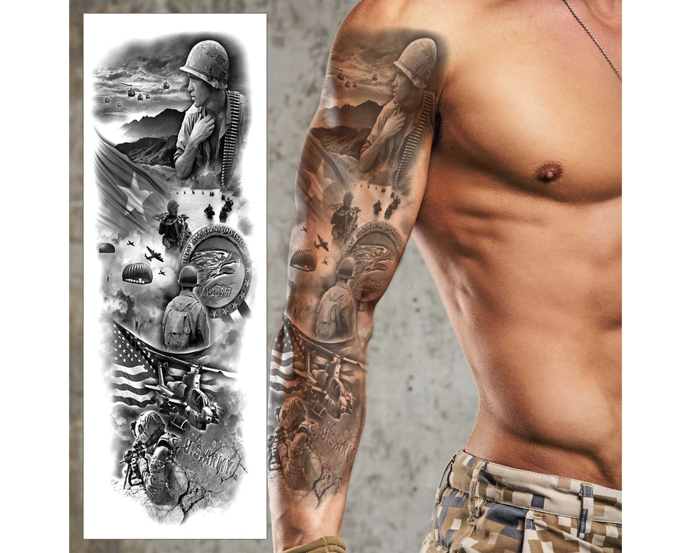 US Army Soldat Temporäre Tattoo-Ärmel Flagge Voll Arm Schwarz
