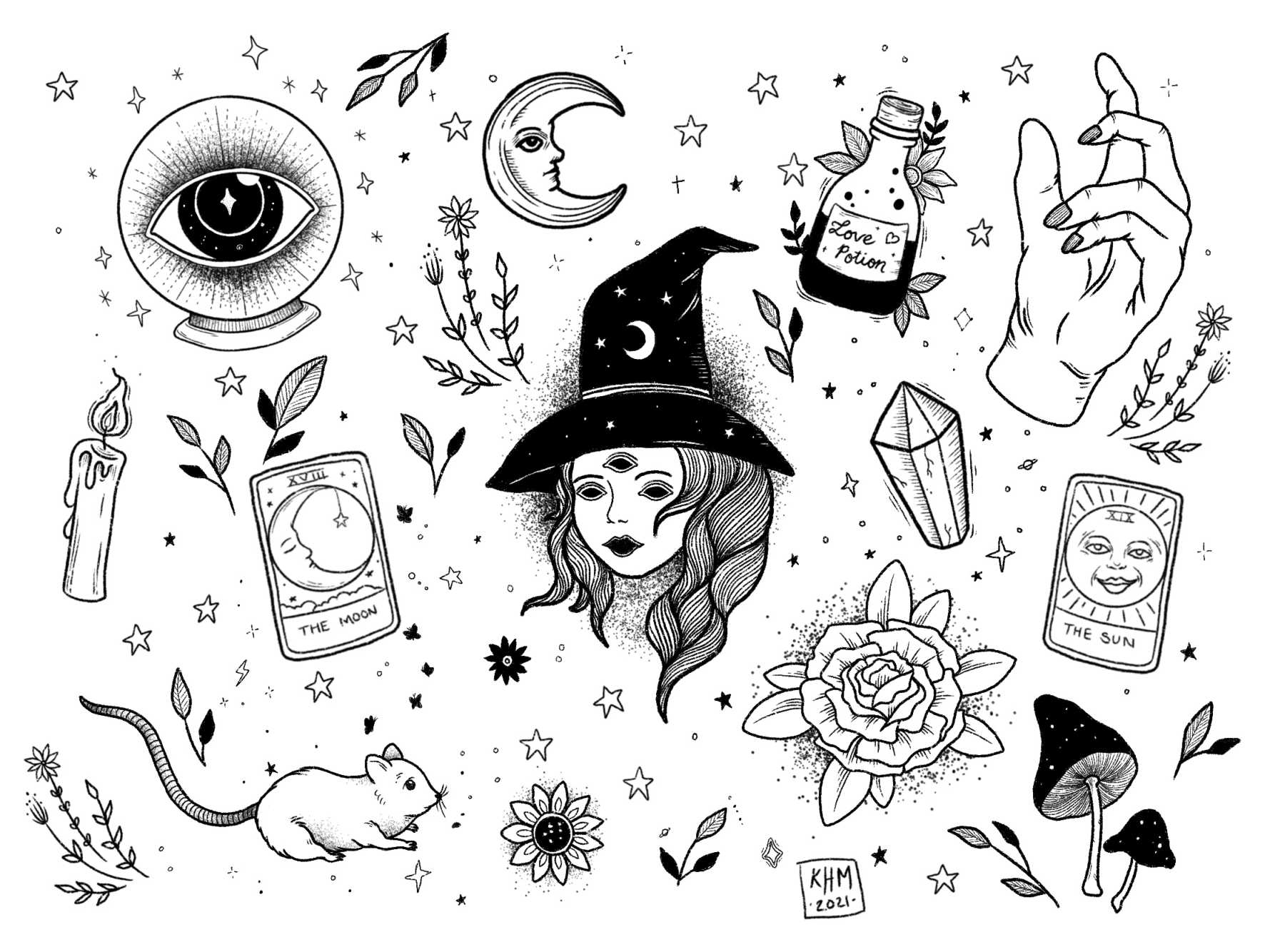Witch Tattoo Flash Sheet #